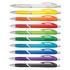 A collection of ten translucent plastic pens in colours including clear, yellow, orange, red, green, blue, purple, and black, featuring silver accents.