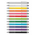 A collection of stylus pens in various colours, including white, yellow, orange, red, green, blue, purple, and black, featuring silver accents.