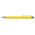 A yellow stylus pen with a silver accent and a black tip, featuring a clip and a sleek design.