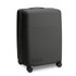 A medium suitcase in black with a textured surface and four wheels, featuring a logo.