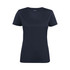 A navy blue women's t-shirt featuring a crew neck and short sleeves, with a logo on the neckline.