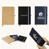 Three A5 notebooks in various colours: brown, black, and dark blue, each featuring a logo.