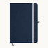 A navy blue A5 notebook with a grey elastic band and a ribbon bookmark. It features a logo on the cover.