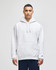 A grey pullover hooded sweatshirt with a front pocket and a logo on the sleeve.