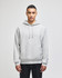 A grey hooded sweatshirt with a front pocket and a logo. Styled with a relaxed fit and drawstrings at the hood.
