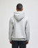 A grey hooded sweatshirt featuring a kangaroo pocket and a logo on the back.