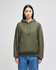 An olive green pullover hooded sweatshirt with a front pocket and a logo on the sleeve.