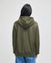 A back view of an olive green pullover hooded sweatshirt with a hood, featuring a logo.