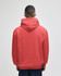A red crewneck sweatshirt seen from the back, featuring a hood and a logo on the back.