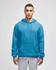 A blue pullover hooded sweatshirt with a front pocket and a logo, worn by a male model.