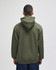 A hooded sweatshirt in olive green, featuring a logo and a relaxed fit, viewed from the back.