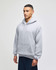 A grey pullover hooded sweatshirt with a front pocket and a logo on the sleeve.