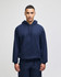 A navy blue adult pullover hooded sweatshirt with a front pocket and a drawstring hood.