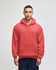 A red pullover hooded sweatshirt with a front pocket and a brand logo, worn by a model.