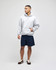 A light grey hooded sweatshirt paired with navy shorts, featuring a front pocket and a logo.