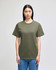 A short-sleeve adult t-shirt in olive green with a logo on the sleeve. The model is standing against a neutral background.