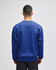 A blue adult short-sleeve T-shirt viewed from the back, featuring a logo on the upper side.