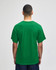 A green short sleeve jersey t-shirt with a logo on the back. Designed for adults, featuring a relaxed fit.
