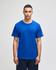 A blue short sleeve t-shirt featuring a logo on the sleeve.