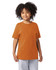 A youth short sleeve t-shirt in a warm orange colour, featuring a plain design and a logo on the front.