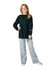 A youth long sleeve t-shirt in black, worn by a child paired with light wash jeans. Features a logo on the sleeve.