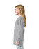 A grey long sleeve youth T-shirt with a logo on the sleeve, displayed on a model from the side.