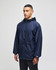 A full-zip anorak jacket in navy blue, featuring a hood and a logo on the sleeve.