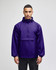 A purple packable anorak jacket with a front pocket and a hood, featuring a logo.