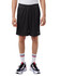 Black mesh shorts with pockets, featuring an elastic waistband and a logo, worn with sneakers and striped socks.