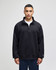 A black quarter-zip pullover with a relaxed fit, featuring a collar and a logo on the sleeve.
