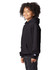 A youth pullover hooded sweatshirt in black, featuring a logo on the sleeve and a relaxed fit.
