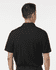 A black men's polo shirt with a collar, featuring a logo, viewed from the back.