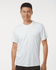A white men's performance T-shirt featuring short sleeves and a fitted design, with a logo on the chest.