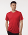 A red men's performance t-shirt displayed on a model, featuring a branded logo.