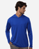 A blue hooded t-shirt with long sleeves, featuring a logo on the front.