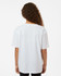 A youth-sized white performance t-shirt with a relaxed fit, featuring a logo on the back.