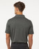 A men's polyester heather melange polo in dark grey, featuring a collar and short sleeves. The back view displays a logo.