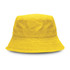 A yellow bucket hat with a wide brim and textured fabric, featuring a branding logo.