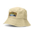 A beige bucket hat featuring an embroidered fish design and a logo.