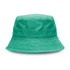 A green bucket hat with a soft, textured finish and a wide brim. It features a branding logo.