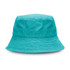 A turquoise bucket hat with a soft, textured fabric and a wide brim. It features a logo on the side.