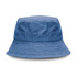 A blue bucket hat with a textured finish and a wide brim. It features a logo on the side.