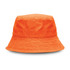 An orange bucket hat with a textured surface and a wide brim, featuring a logo.