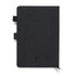 A black weekly diary with a textured cover and ribbon bookmarks, featuring a logo on the front.