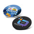 Two circular coasters featuring vibrant designs: one blue with an ocean theme and the other black with a logo.
