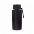 A drink bottle in matte black with a screw top and a strap, featuring a minimalistic design.