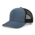 A blue trucker cap with a black mesh back and an adjustable snap closure. It features a logo on the front.