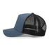 A 100% poly trucker cap in blue with a black mesh back and an adjustable strap. Features a logo on the front.