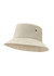 A beige bucket hat made from 280gsm 100% cotton drill with a branding logo and a textured finish.