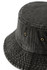 A dark grey bucket hat made from 100% cotton drill, featuring eyelets and a textured surface.